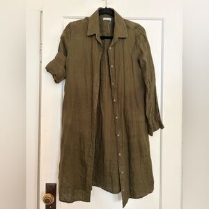 Relaxed Olive Green Linen Midi Shirt Dress